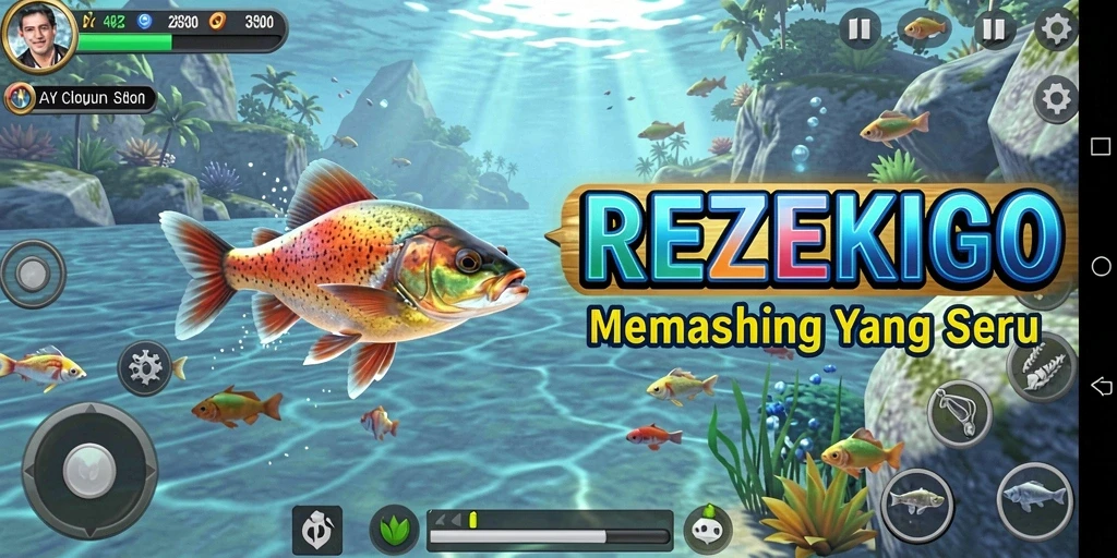 Tampilan gameplay <strong>REZEKIGO</strong> yang menakjubkan dengan aksi memancing yang seru.