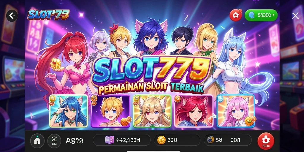 Tampilan utama SLOT777 menunjukkan karakter anime yang beraksi di slot.