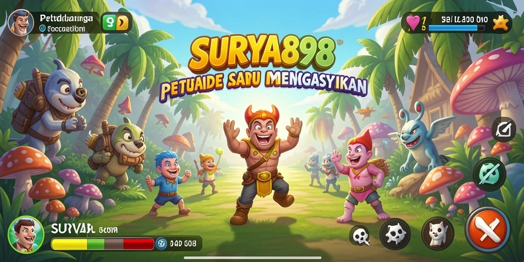 Tampilan gameplay menarik dari SURYA898 dengan karakter dinamis dan latar belakang cerah.
