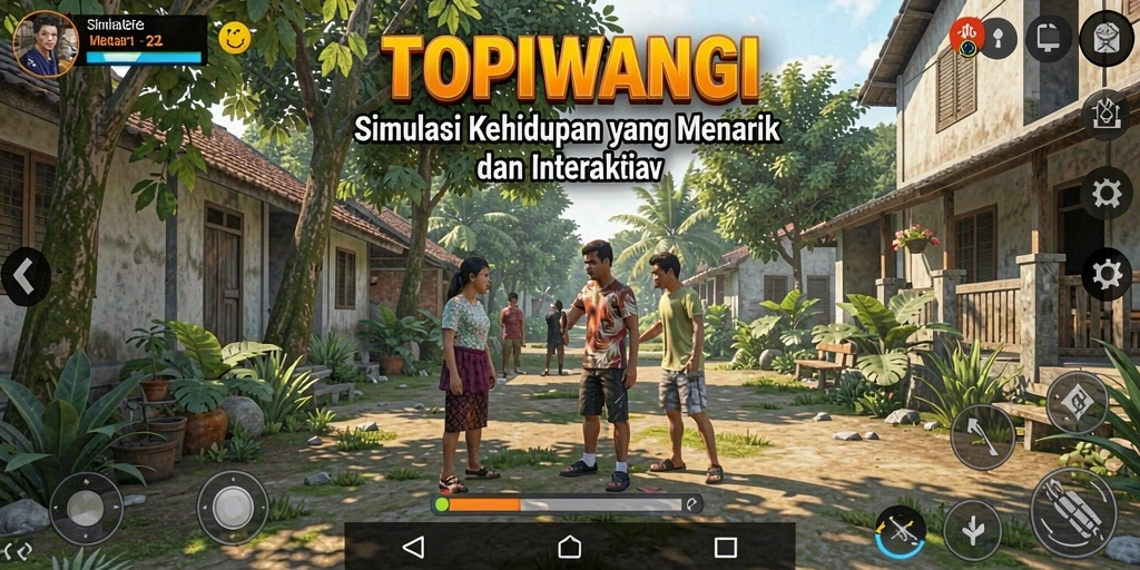Screenshot utama game TOPIWANGI menampilkan dunia simulasi yang kaya dan interaktif.